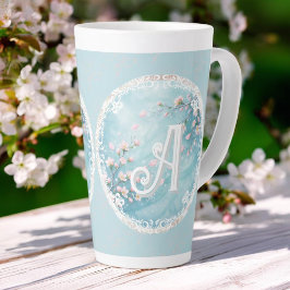 Taza De Café Latte Iniciales de Flor de Cerezo Turquesa Elegante Rosa