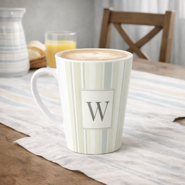 Taza De Café Latte Initial Neutral Dusty Blue Stripe Rustic Farmhouse (Subido por el creador)