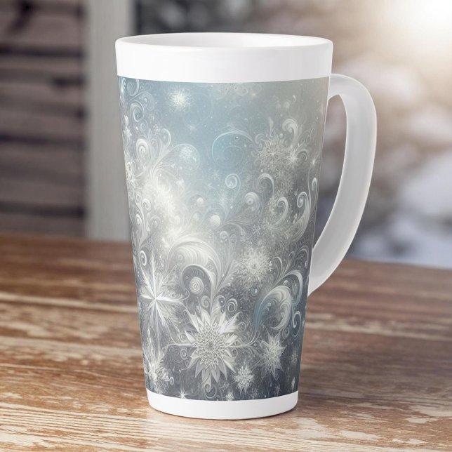 Taza De Café Latte Invierno de copos de nieve plateados y azules (Subido por el creador)
