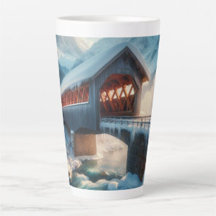 Taza De Café Latte Invierno, puente cubierto de nieve y río