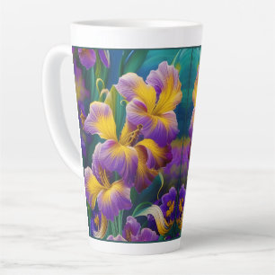 Taza De Café Latte Iris Floral Púrpura y hojas verdes azules doradas