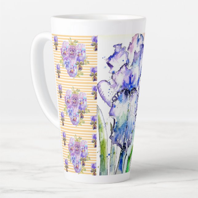 Taza De Café Latte Iris pintado a mano Flores Floral Acuarela (Ángulo izquierdo)