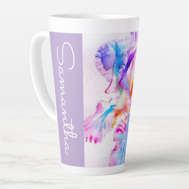 Taza De Café Latte Iris pintado a mano Flores Floral Acuarela (Ángulo izquierdo)