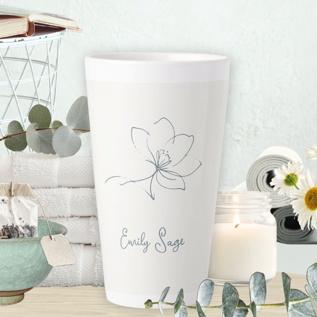 Taza De Café Latte Ivory Coastal Blue Botanical Line Art Minimalist (Ivory Zen Yoga Floral Line Art Coastal Blue Latte Mug ©Susanne Sachers - Sunny Wanderlust 🌞✈️)