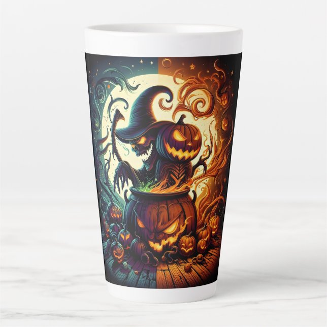 Taza De Café Latte Jack-o'lantern y Witch Skeleton Latte Mug (Anverso)
