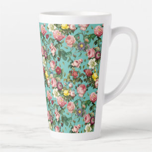 Taza De Café Latte Jardín de rosa de época con fondo verde azulado