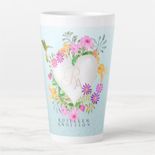 Taza De Café Latte Jardín floral Monograma Corazón Azul