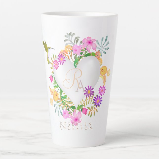 Taza De Café Latte Jardín floral Monograma Corazón Blanco (Anverso)