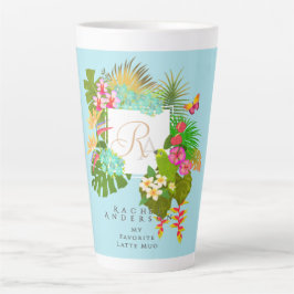 Taza De Café Latte Jardín tropical Monograma Azul