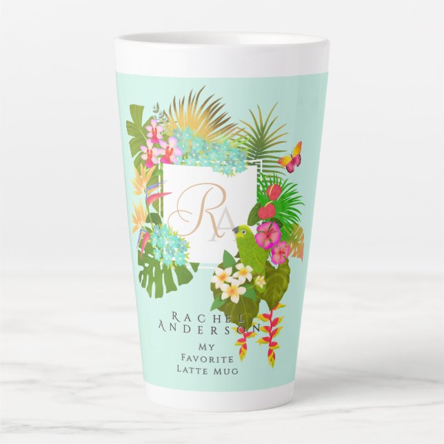 Taza De Café Latte Jardín tropical Monograma Verde (Anverso)