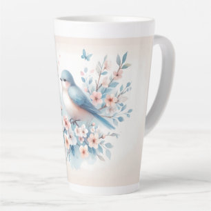 Taza De Café Latte Jazmín de Pájaro Azul Acuarela Serenidad