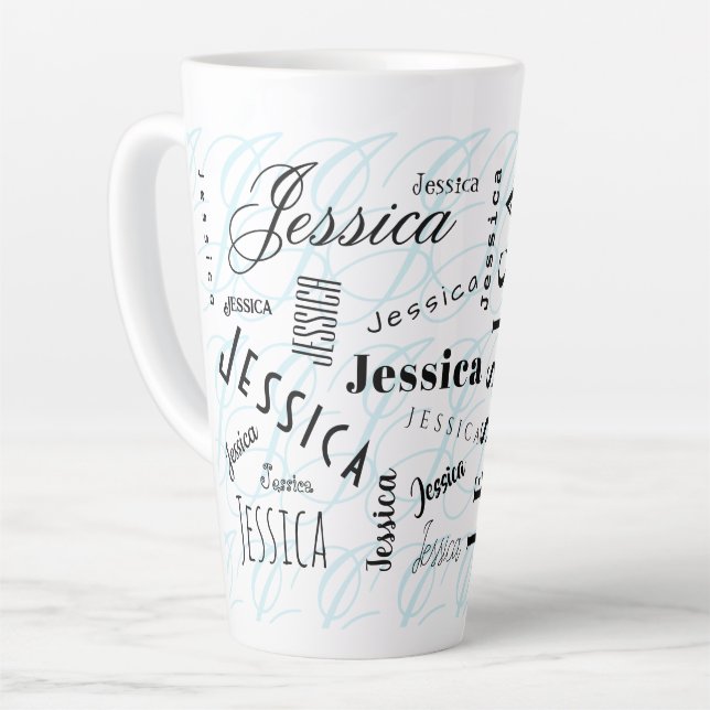 Taza De Café Latte Jessica Custom Name Black White Blue (Ángulo izquierdo)