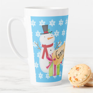 Taza De Café Latte Jolly Snowman con un regalo de Navidad