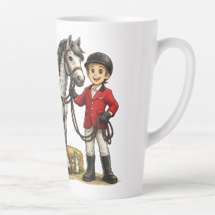 Taza De Café Latte Joven Jinete Lindo Con Arte De Caballo Gris Pío
