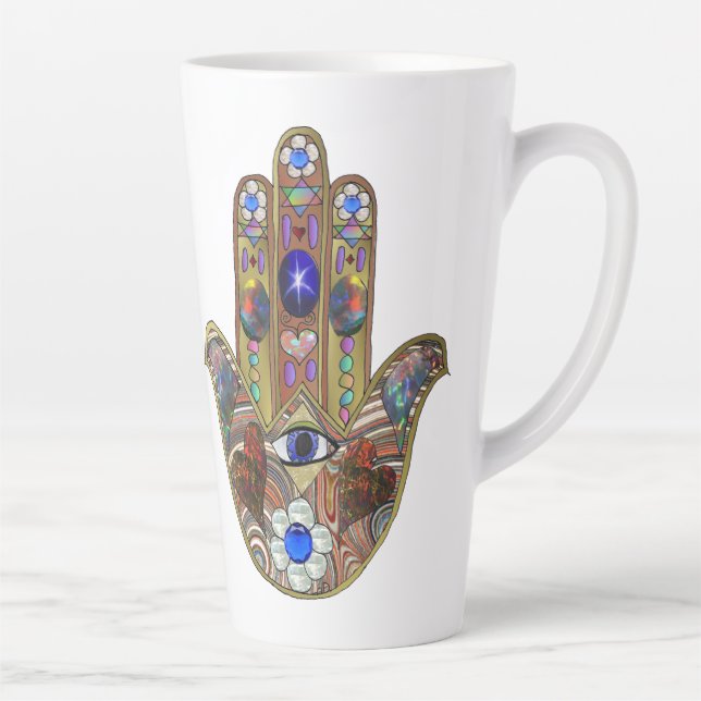 Taza De Café Latte Judaica Hamsa Hearts Flowers Opal Art Print (Derecha)