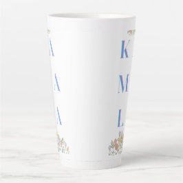 Taza De Café Latte Kamala Harris. Flores. Sutil. Blanco y azul
