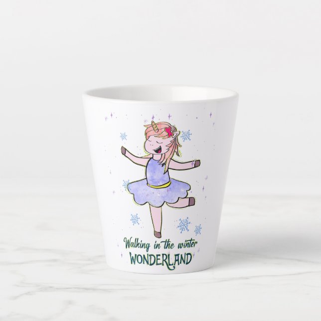 Taza De Café Latte Kawaii Unicorn | Caminar durante el invierno (Anverso)