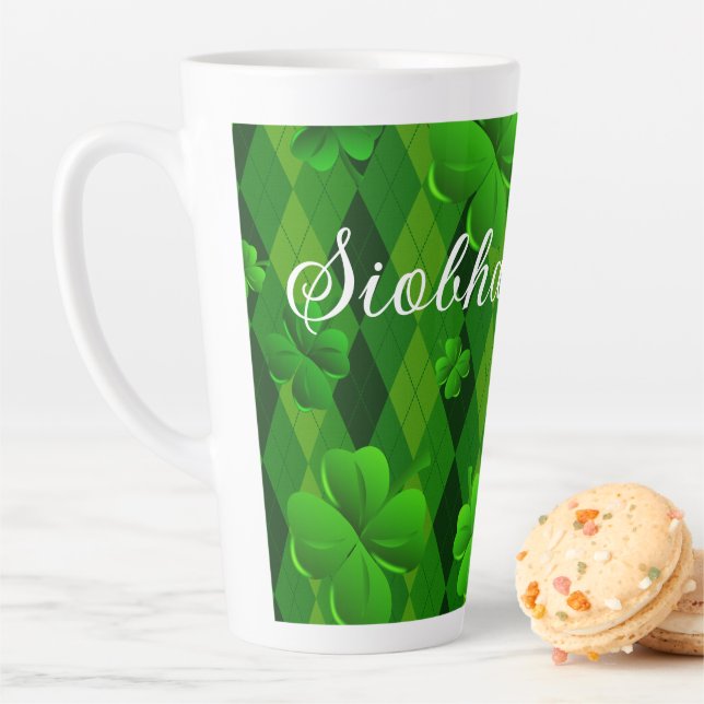 Taza De Café Latte Kelly Green Argyle Irish Clovers Latte Mug (In situ)