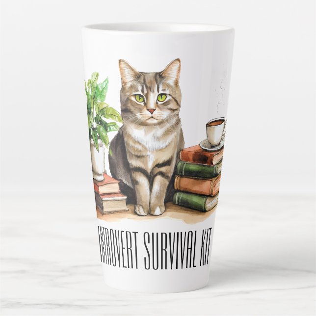 Taza De Café Latte Kit de supervivencia de introvertido (Gato, planta (Anverso)