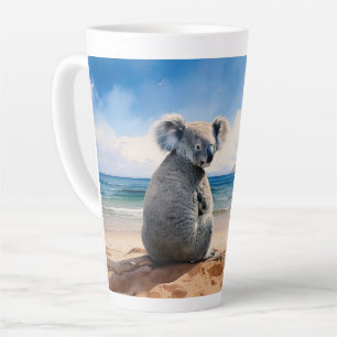 Taza De Café Latte Koala en una playa de arena