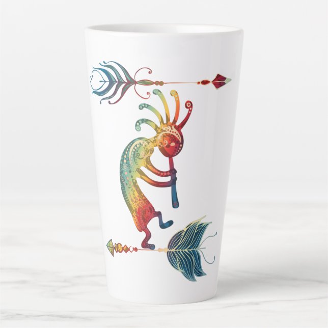 Taza De Café Latte Kokopelli nativo americano con dos plumas 1 (Anverso)