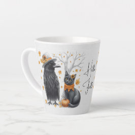 Taza De Café Latte Krähe und Katze im Herbst „Hello Fall“ Crow