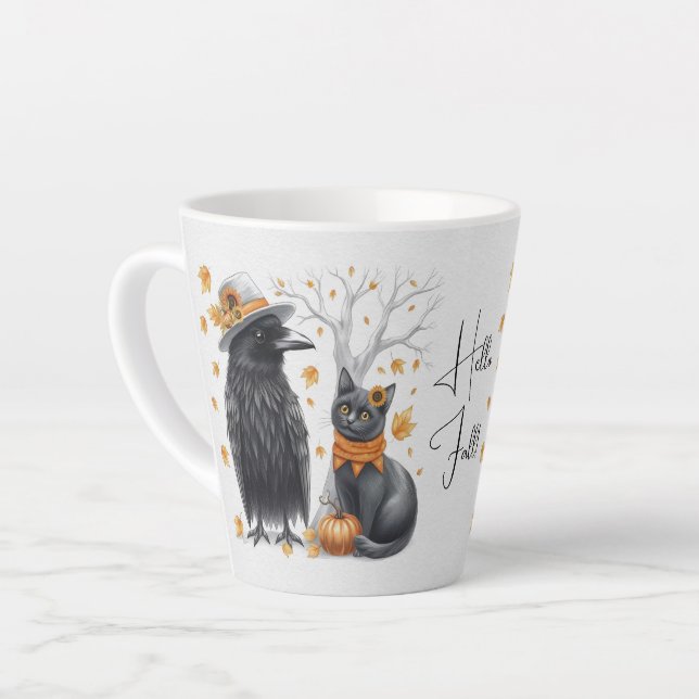 Taza De Café Latte Krähe und Katze im Herbst „Hello Fall“ Crow (Ángulo izquierdo)