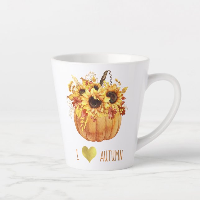 Taza De Café Latte l Love Otumn Watercolor Sunflower Pumpkin (Derecha)