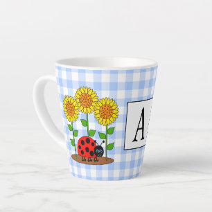 Taza De Café Latte Ladybug con Sunflower Blue Gingham Monograma