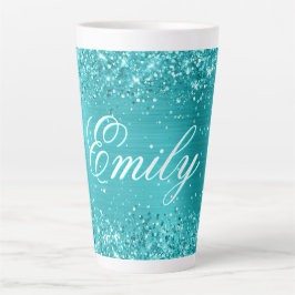 Taza De Café Latte Lámina personalizada de turquesa azul con brillo