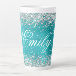 Taza De Café Latte Lámina personalizada de turquesa azul con brillo p