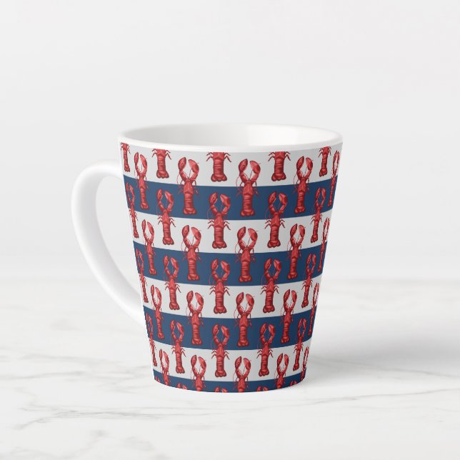 Taza De Café Latte Langostas náuticas en franjas azul y gris de la ma (Ángulo izquierdo)