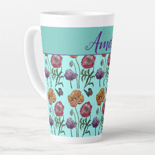 Taza De Café Latte Las adormidera del Shabby Chic Aqua Flores Florale