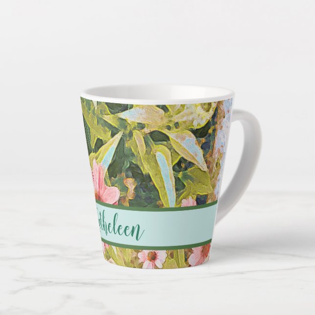 Taza De Café Latte Las flores rosas de las hojas verdes personalizan  (Ángulo derecho)