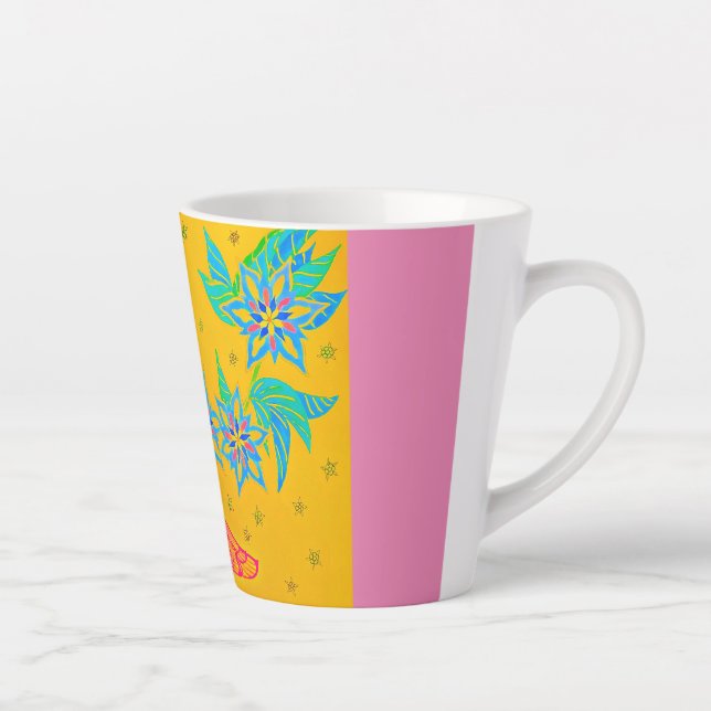 Taza De Café Latte Latte Mug Bird , amarillo rosa, pájaro y flores (Derecha)