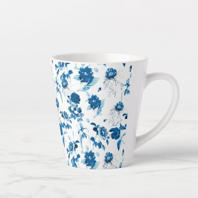Taza De Café Latte Latte Mug-Blue Floral (Derecha)