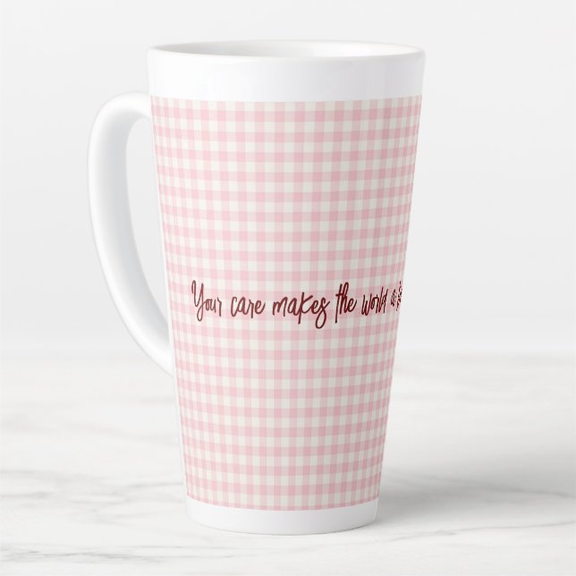 Taza De Café Latte Latte Mug del patrón de Gingham rosa claro (Ángulo izquierdo)