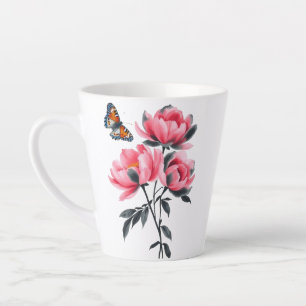 Taza De Café Latte Latte Mug - Flores de peones rosados, mariposa