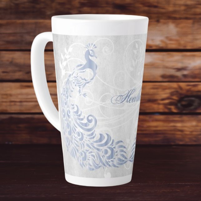Taza De Café Latte Latte Mug Personalizado de Pavo Real Azul Claro (Light Blue Peacock Personalized Latte Mug)