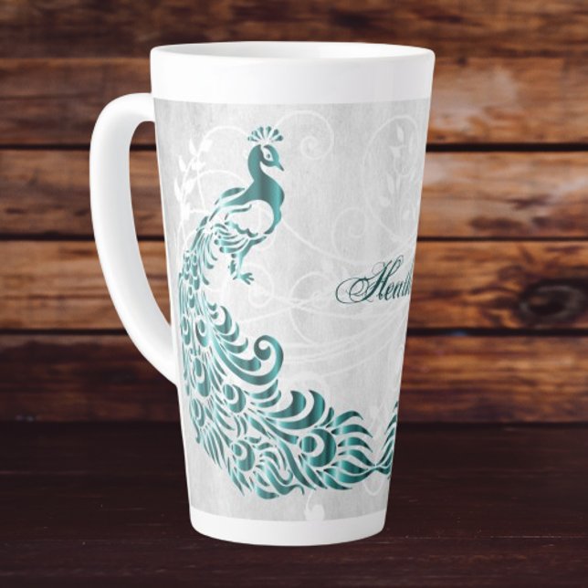 Taza De Café Latte Latte Mug Personalizado verde azulado de Peacock (Teal Peacock Personalized Latte Mug)