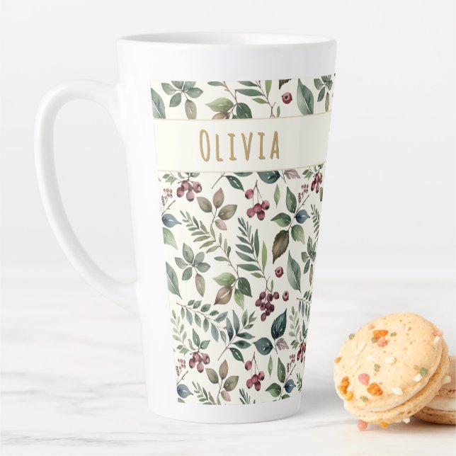 Taza De Café Latte Leaves and Berries Rustic Winter Personalized (In situ)