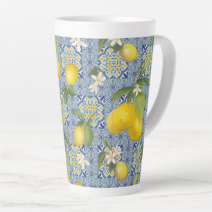Taza De Café Latte Lemon Citrus Floral Blue n White Vintage Farmhouse