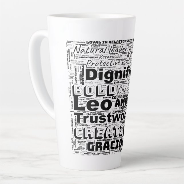 Taza De Café Latte Leo Zodiac Word Cloud Inspiración Latte Mug (Ángulo izquierdo)