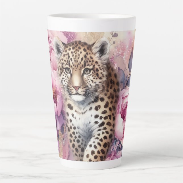 Taza De Café Latte Leopard Cub y Rosas (Anverso)