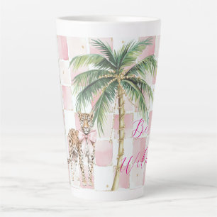 Taza De Café Latte Leopardo de las palmas de oro de las plazas rosada