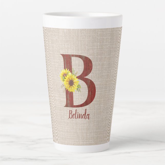 Taza De Café Latte Letra B y girasol de madera de grano personalizada (Anverso)