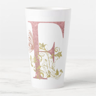 Taza De Café Latte Letra F floral con brillo rosa
