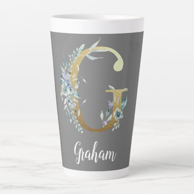 Taza De Café Latte Letra floral Gold G sobre gris (Anverso)