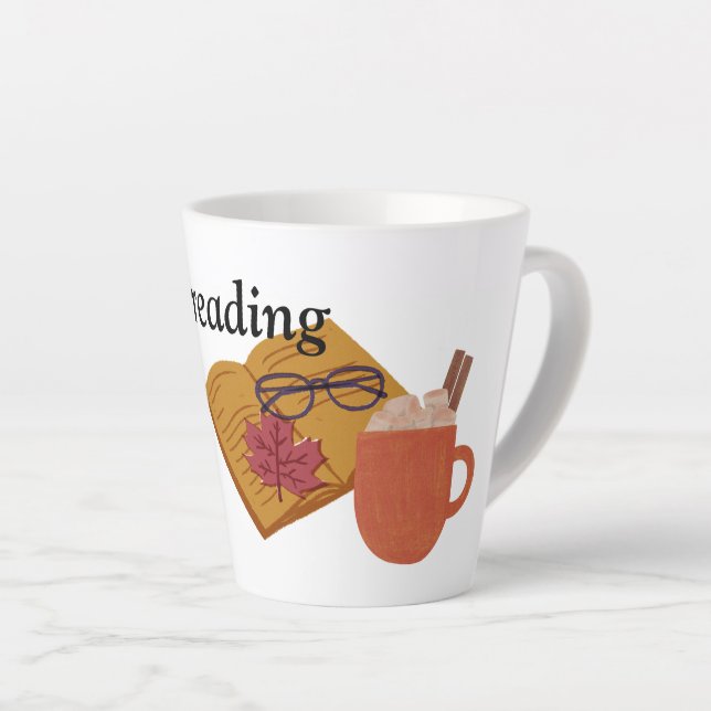 Taza De Café Latte Libro con café y vidrio con hojas de otoño (Ángulo derecho)