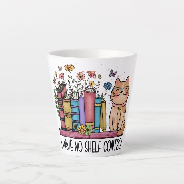 Taza De Café Latte Libros florales y gato (Anverso)